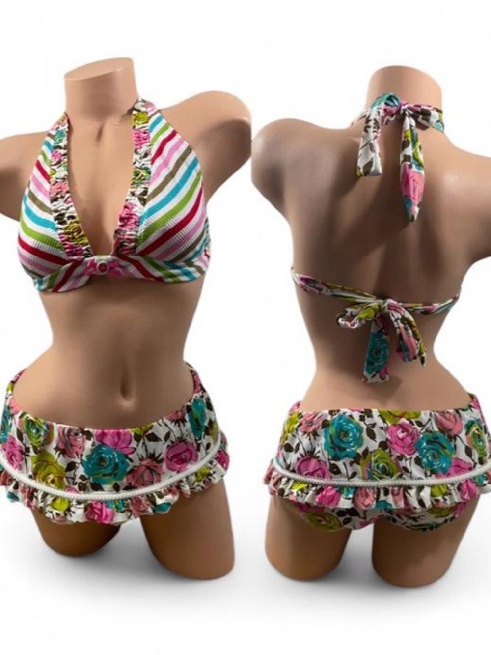 Floral Stripe Halter Bikini Set - Pink & Teal
